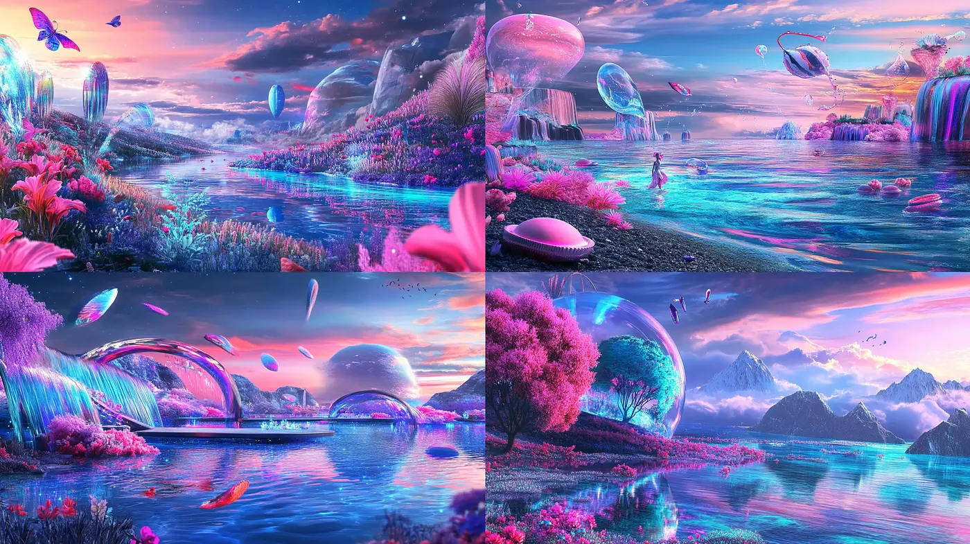 Ethereal Dreamscapes with Vibrant Surrealism and Retrofuturistic Influence - Midjourney sref style