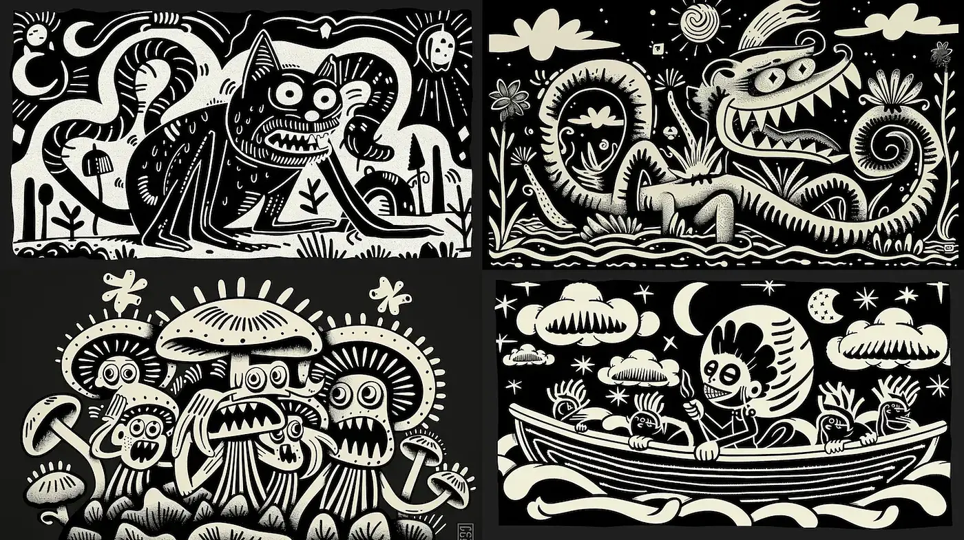Expressive and Whimsical Black and White Illustrations with a Playful Tone - Midjourney sref style