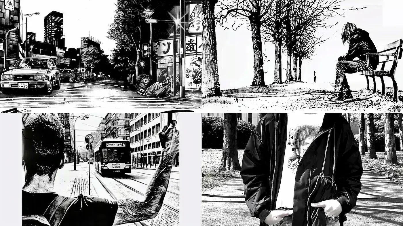 Cinematic Noir Urban Exploration with Strong Influences from Manga Aesthetics - Midjourney sref style