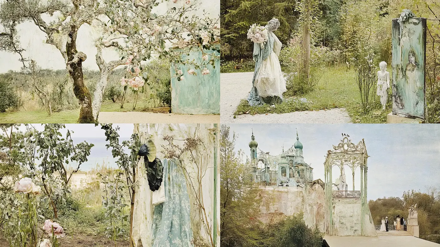 Ethereal Garden Dreamscape in Soft Impressionistic Tones - Midjourney sref style