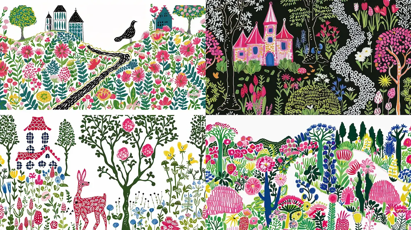 Vibrant botanical scenes with intricate detail and whimsical charm - Midjourney sref style