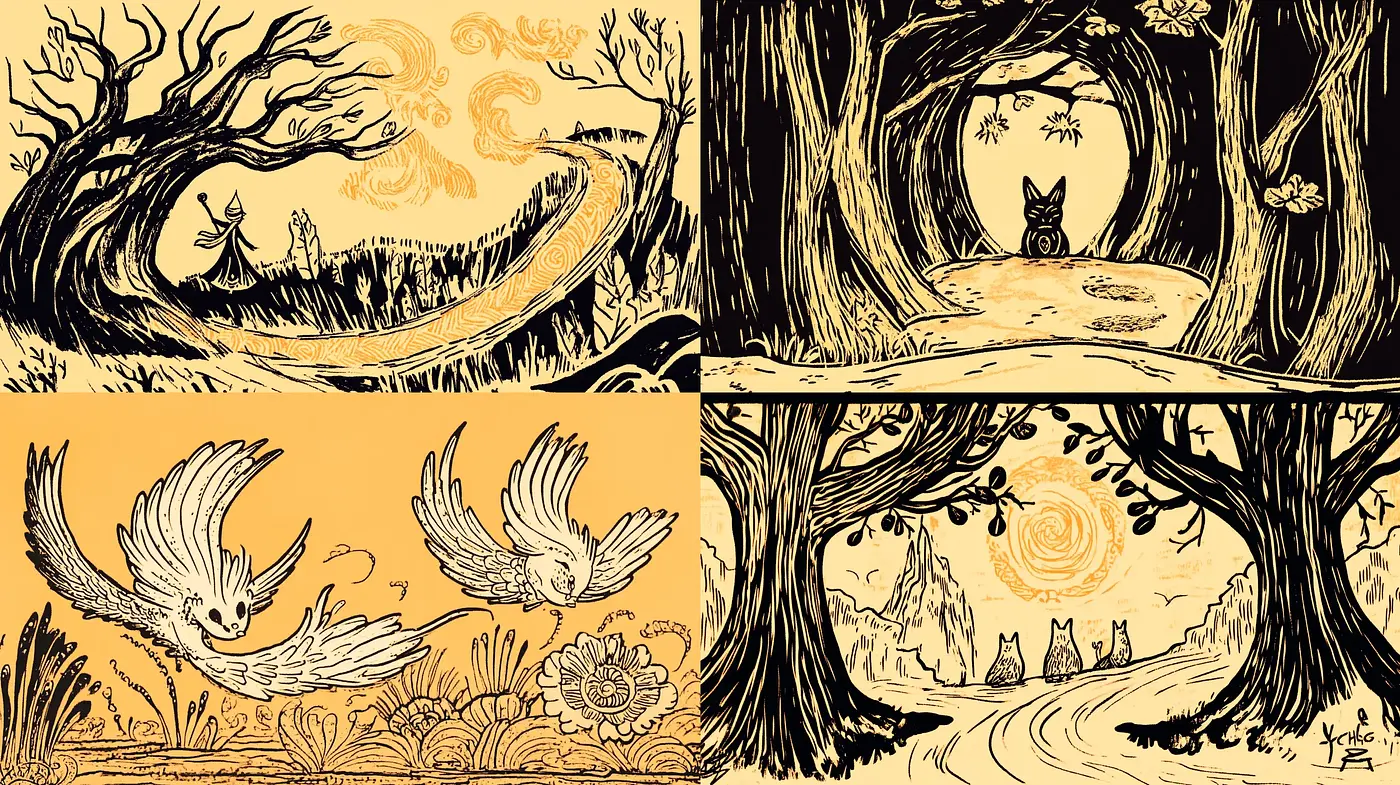 Enigmatic Woodland Whimsy in Stippled Ink - Midjourney sref style