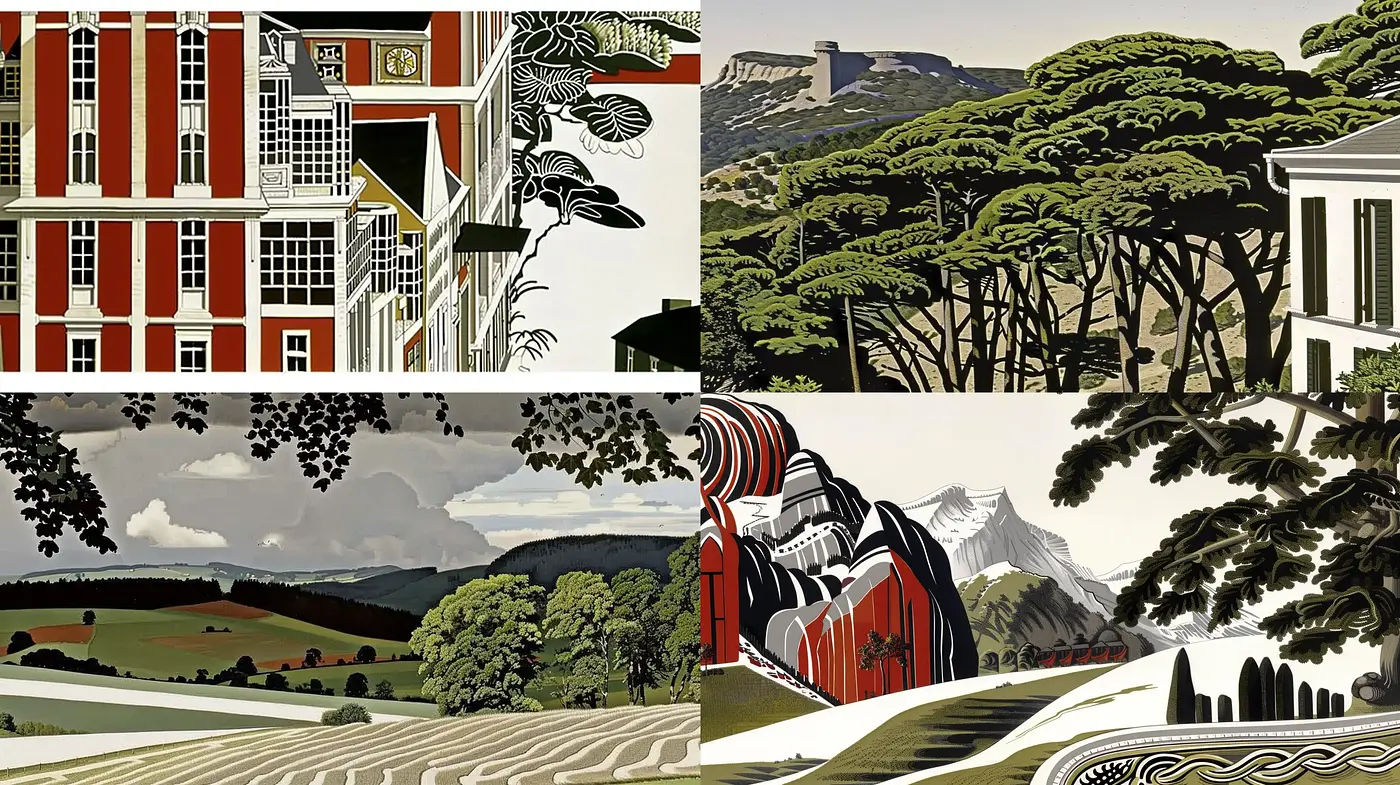 Stylized Nature and Architecture Fusion with Retro Comic Book Aesthetics - Midjourney sref style