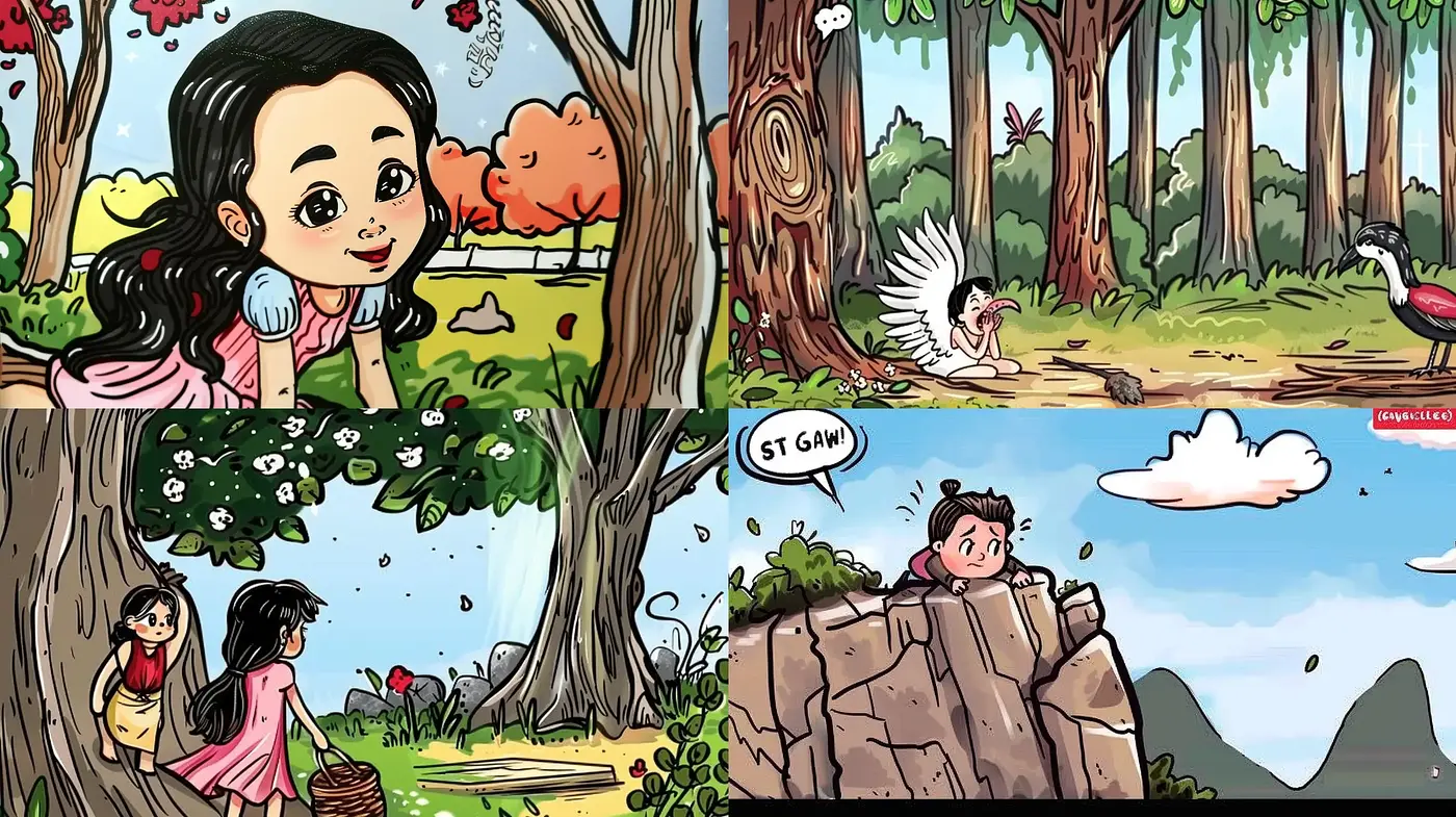 Cheerful Storybook Illustrations with Vibrant Nature Backdrops - Midjourney sref style