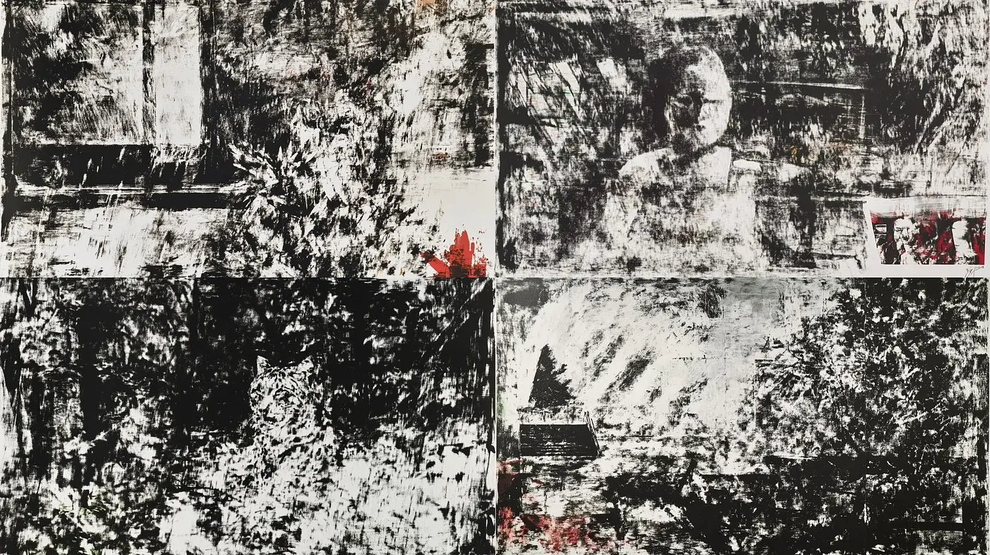 Abstract Expressionist Fracture: A Study in Monochrome and Red - Midjourney sref style