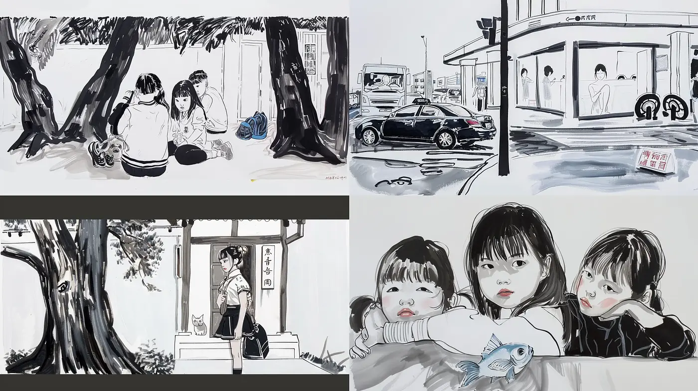 Monochrome Ink Wash Fusion with a Contemporary Twist - Midjourney sref style
