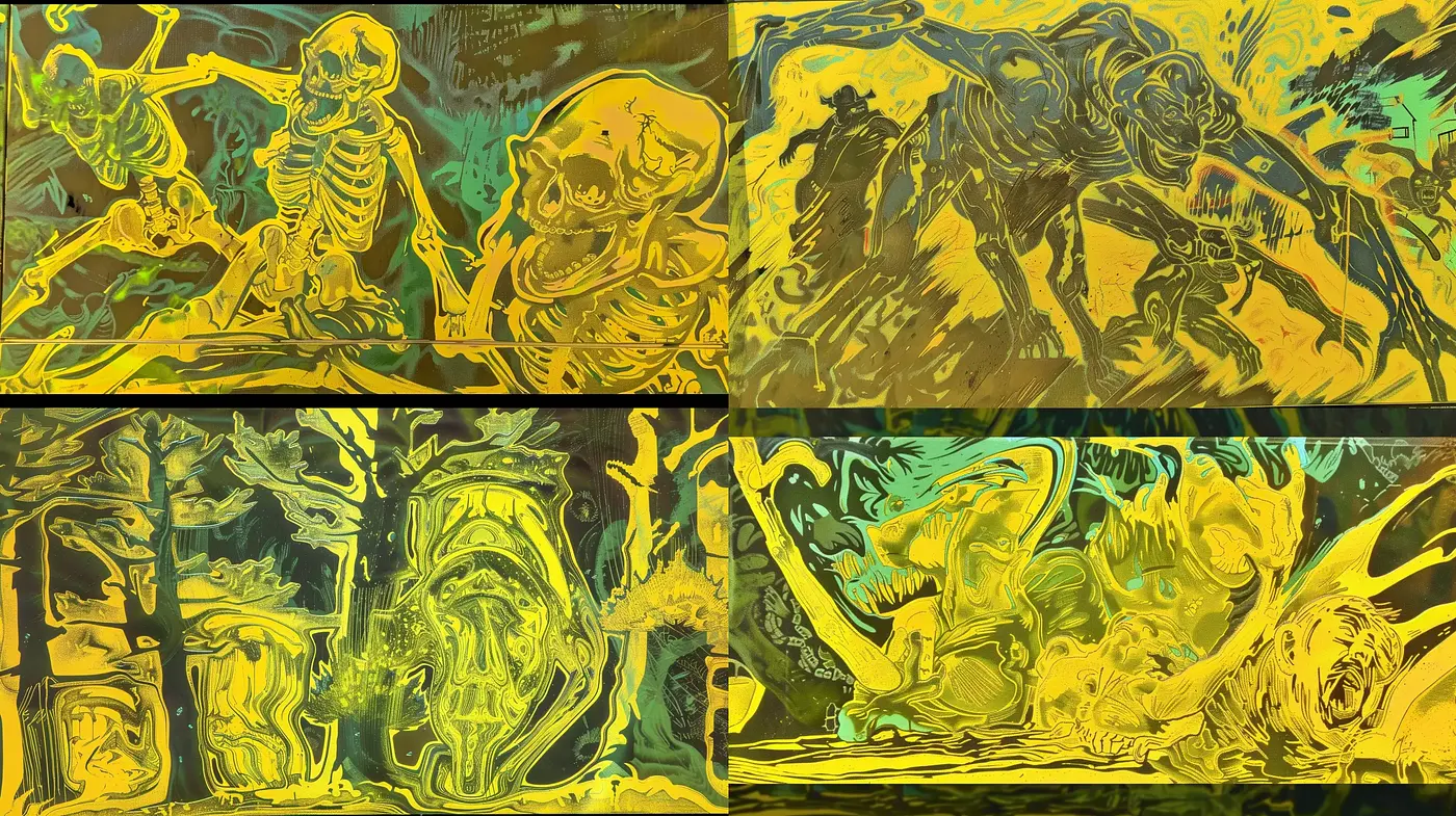 Lurid Expressionist Nightmares in Turbulent Yellow and Black - Midjourney sref style