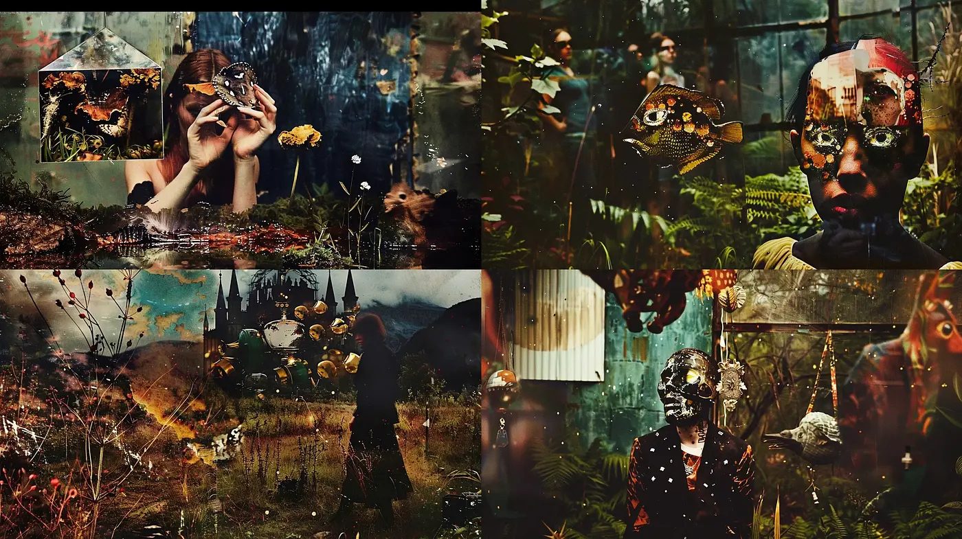Decayed Elegance: Melding the Macabre with the Mystical in a Surreal Tableau - Midjourney sref style
