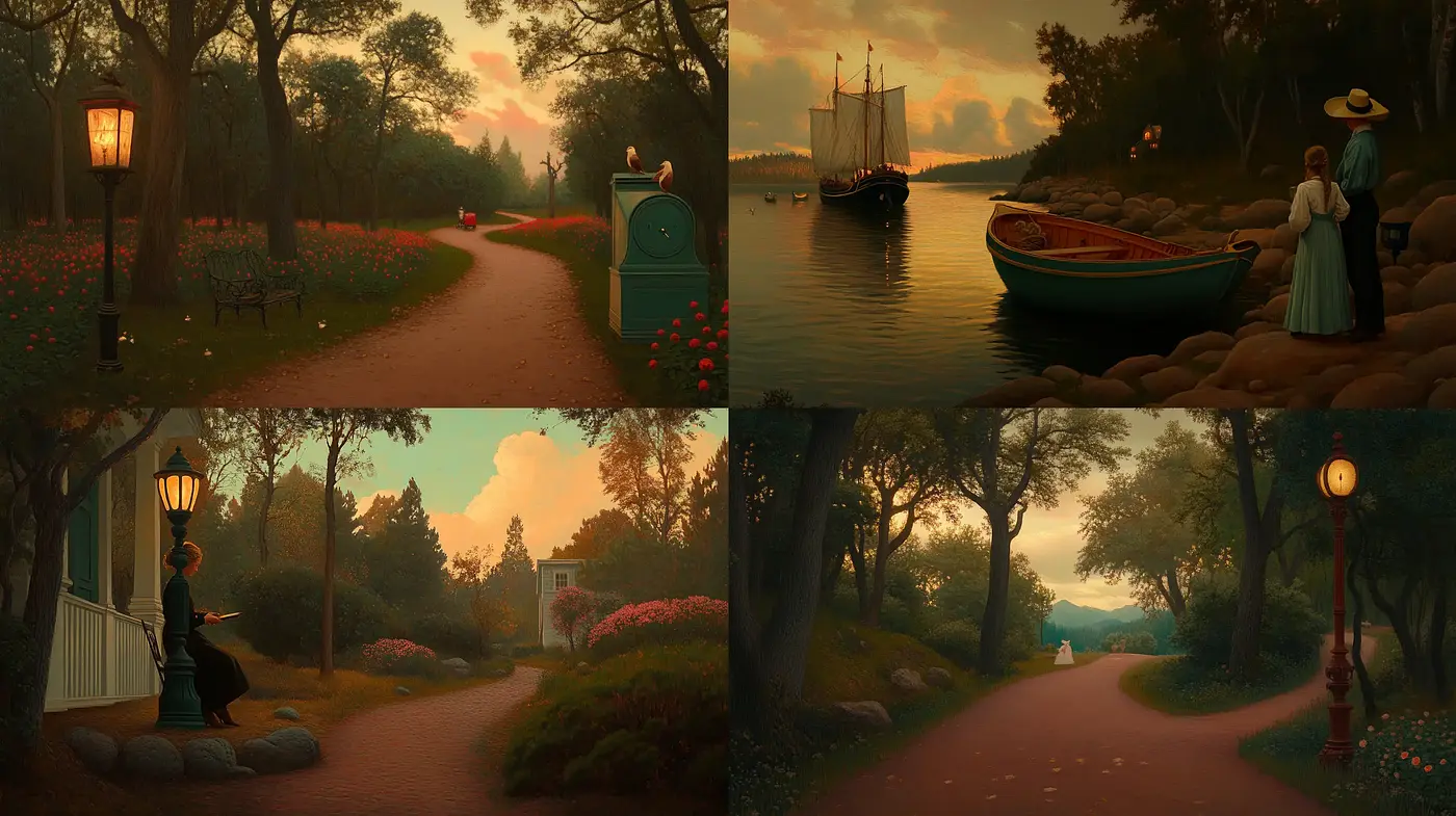 Twilight Serenity in a Consistent Painterly Dreamworld - Midjourney sref style