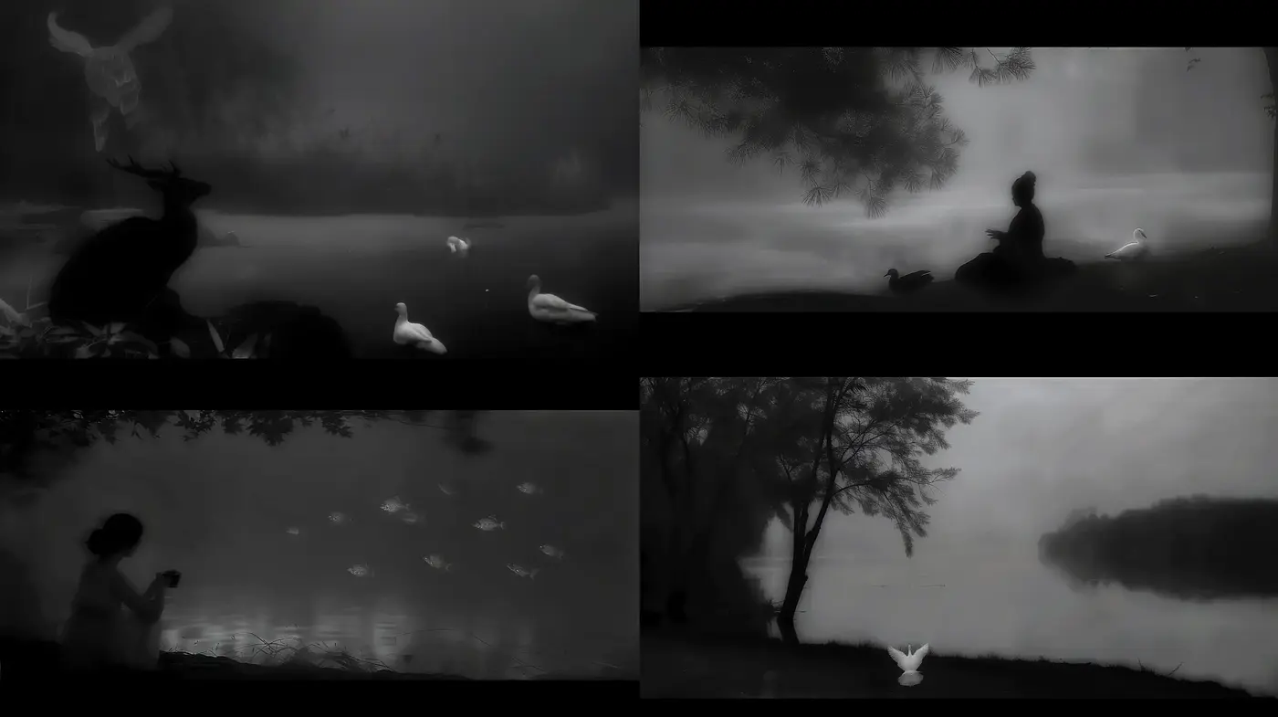 Ethereal Monochromatic Silhouettes Amidst Misty Landscapes - Midjourney sref style