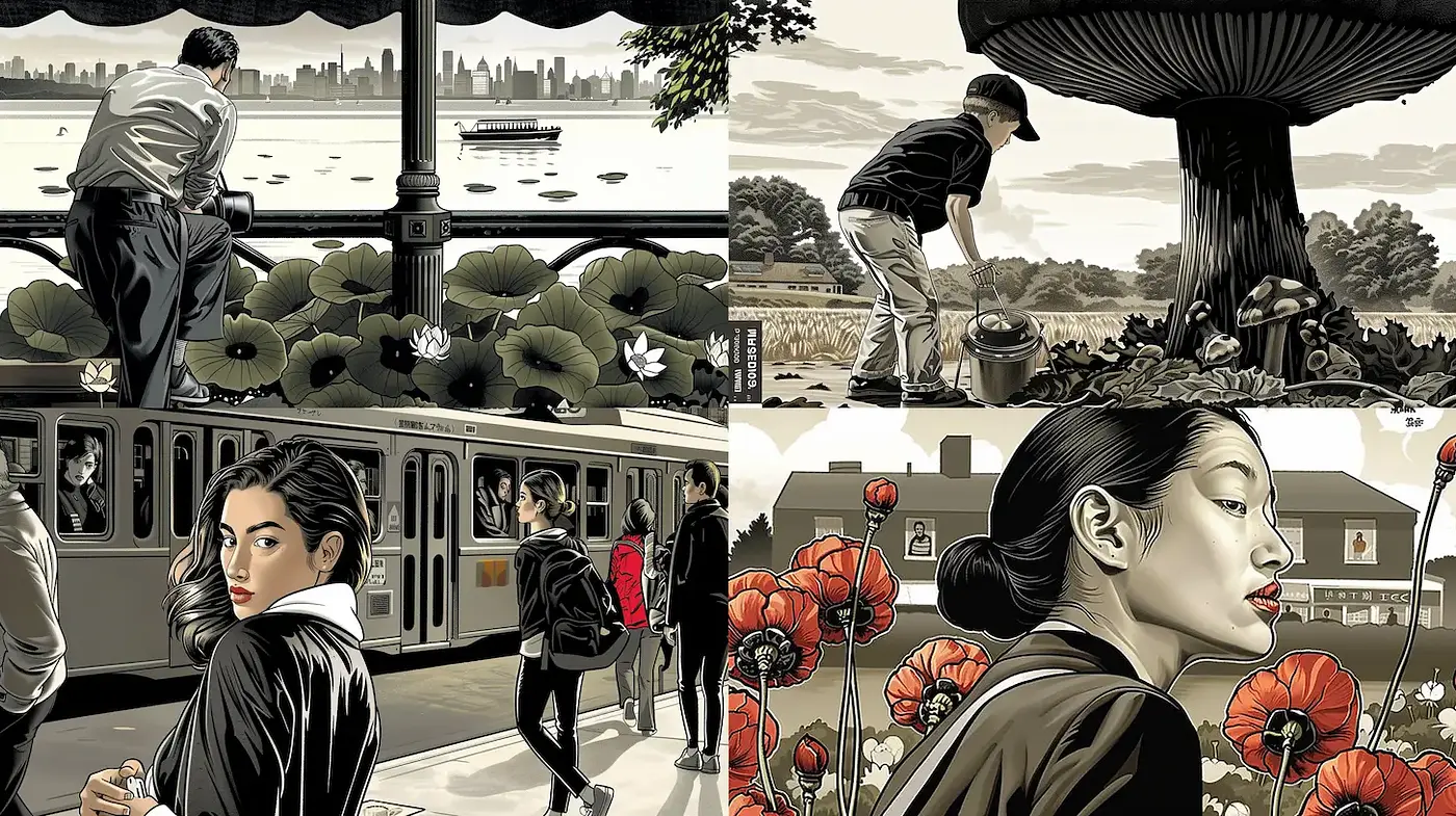 Stylized urban narrative with a modern realism twist - Midjourney sref style