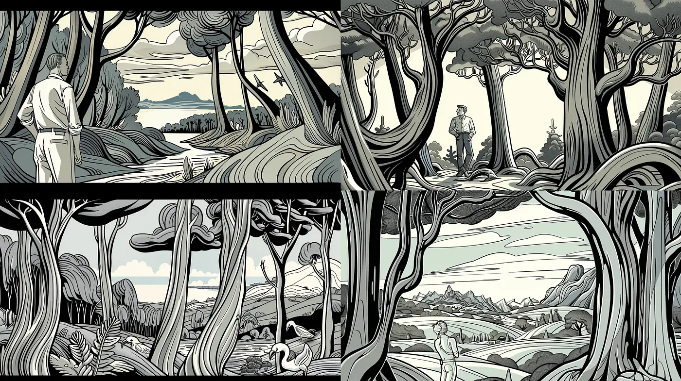 Serene Monochromatic Arboreal Dreamscape Illustrations - Midjourney sref style