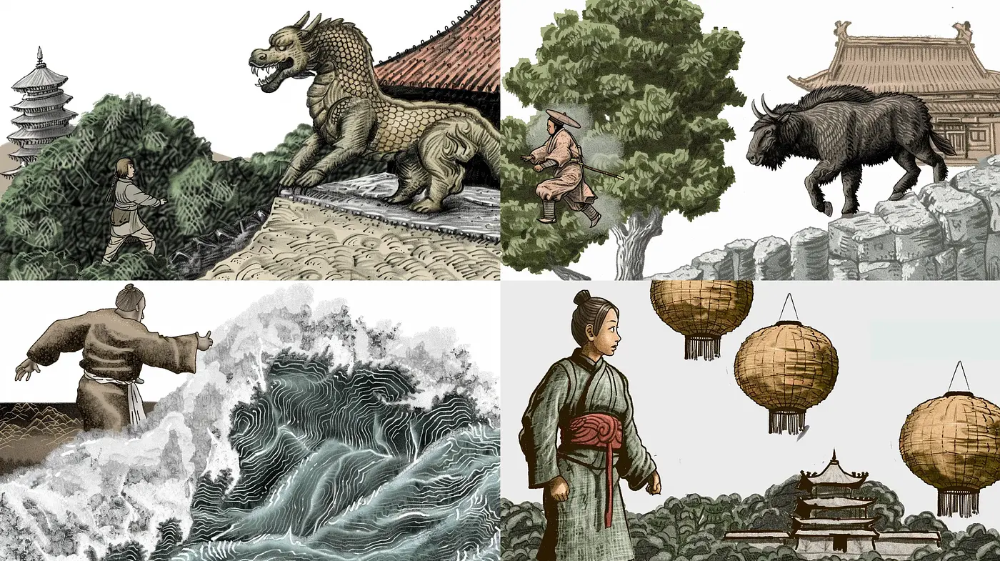 Monochromatic Asian-Inspired Mythological Illustrations - Midjourney sref style