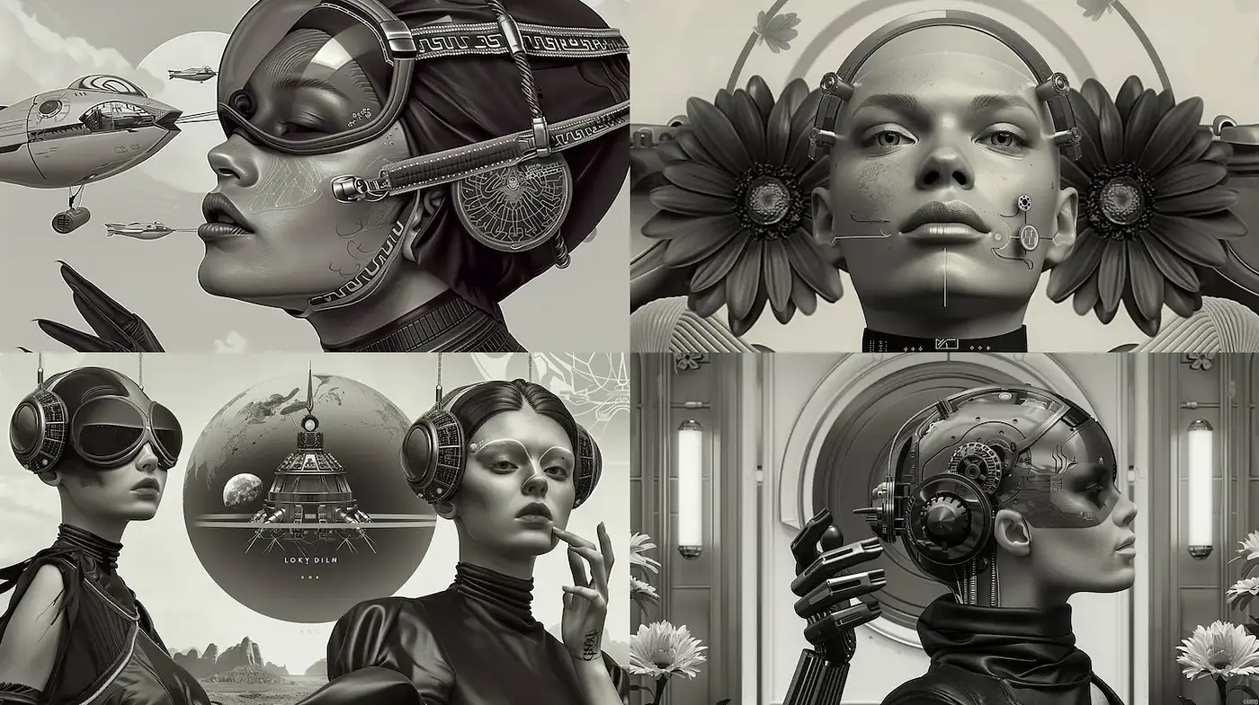 Futuristic Surrealism with a Touch of Vintage Aesthetics - Midjourney sref style