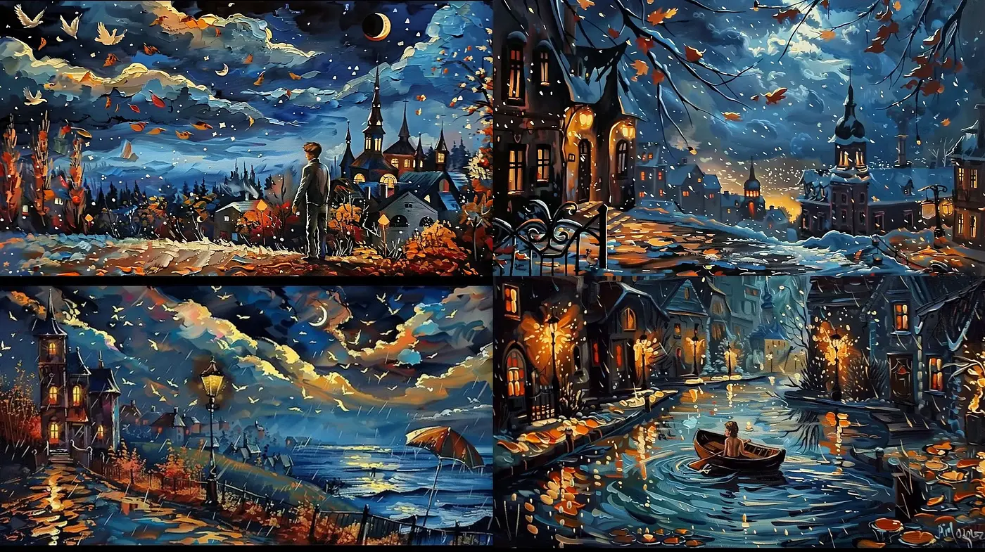 Twilight Serenade of Hues: A Vivid Journey Through Stylized Townscapes - Midjourney sref style