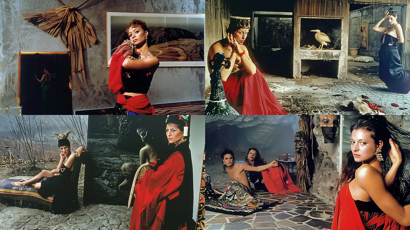 Ethereal Red Renaissance: A Melding of Period Drama and Surrealist Elements - Midjourney sref style