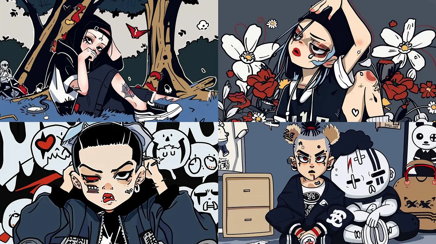 Eclectic Fusion of Graphic Novel and Anime Aesthetics in a Monochromatic Spectrum - Midjourney sref style