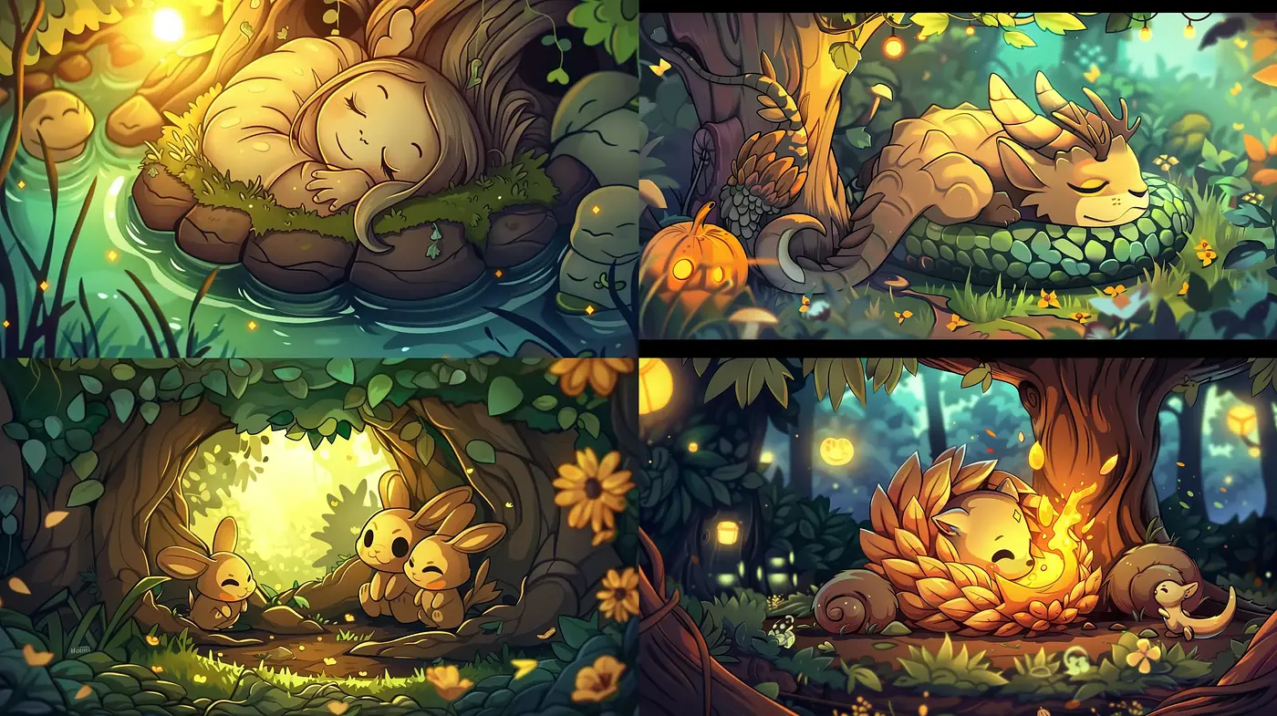 Enchanted Forest Dreamscapes: Luminescent Twilight Hues and Whimsical Fauna - Midjourney sref style