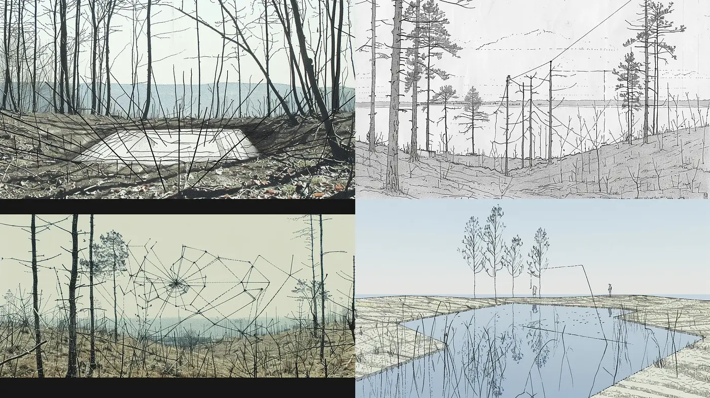 Serene Monochromatic Nature Sketches with Subtle Digital Overtones - Midjourney sref style