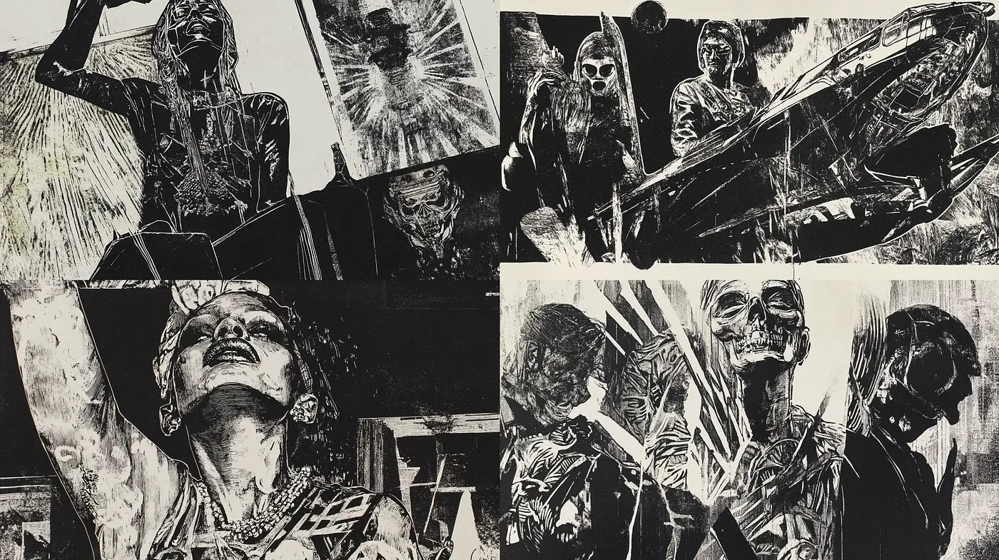 Gritty Monochromatic Collage with Expressionistic Overtones - Midjourney sref style