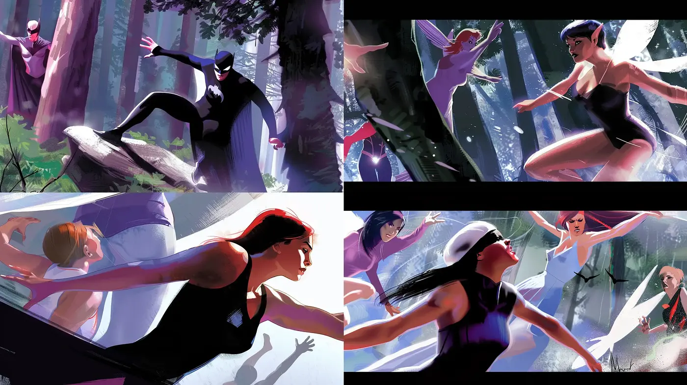 Dynamic Elegance in Motion: A Synchronized Dance of Colors and Shadows - Midjourney sref style