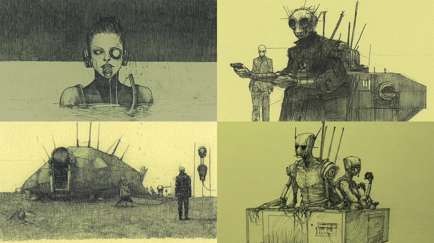 Futuristic Dystopian Ink Sketches with a Dark Atmosphere - Midjourney sref style