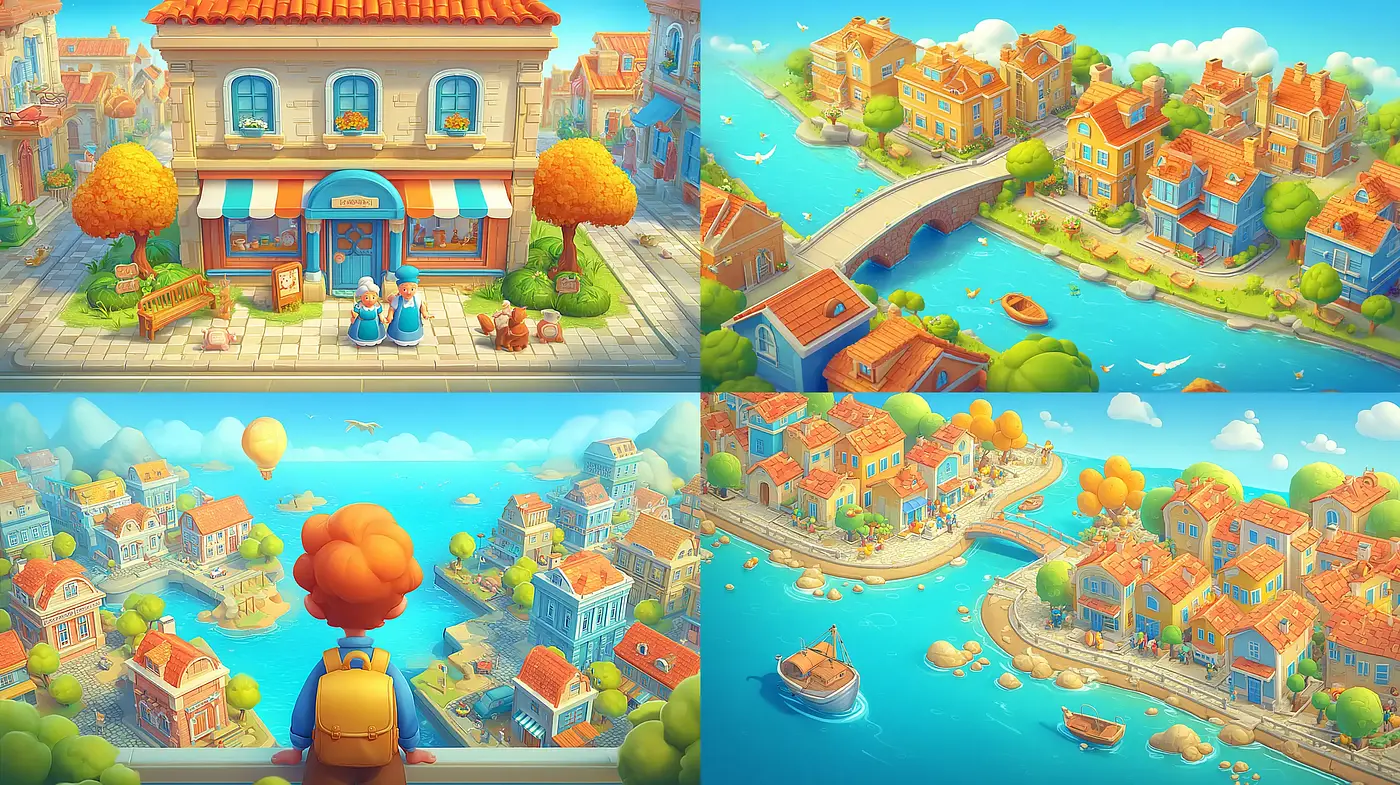 Charming and Whimsical Coastal Town Illustration with Consistent Playful Aesthetic - Midjourney sref style