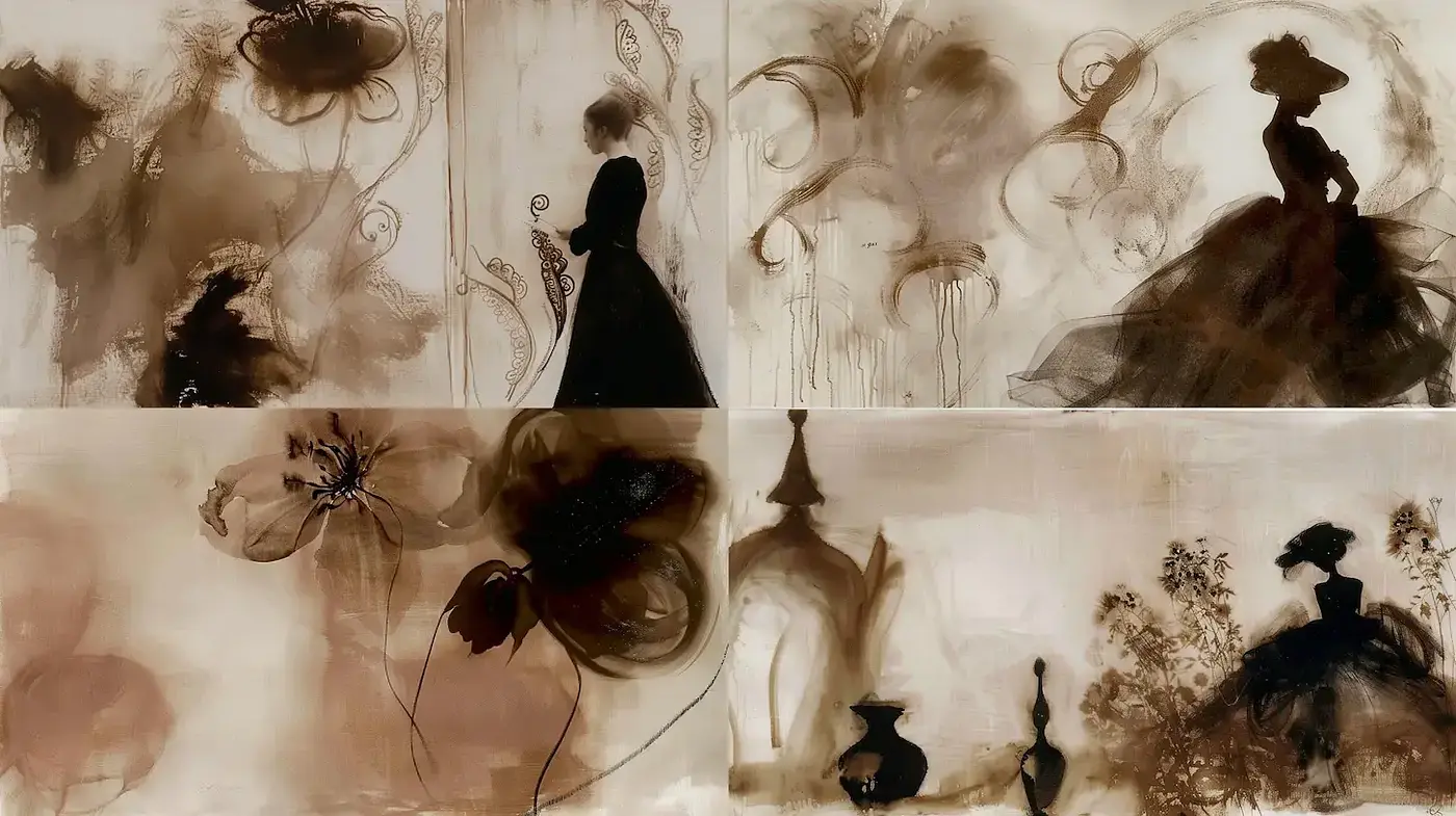 Misty Sepia Silhouettes with Organic Textural Elements - Midjourney sref style