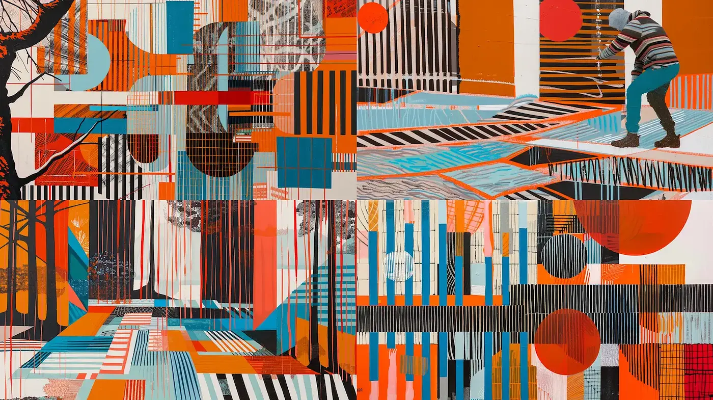 Dynamic Urban Expression with Geometric Patterns and Warm Tones - Midjourney sref style
