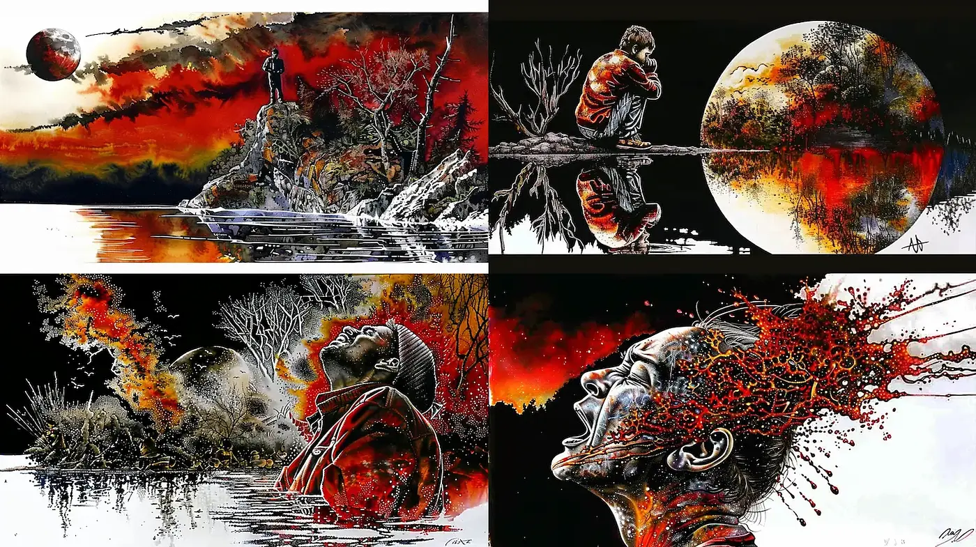 Dynamic and Evocative Illustrations with Surreal Elements - Midjourney sref style