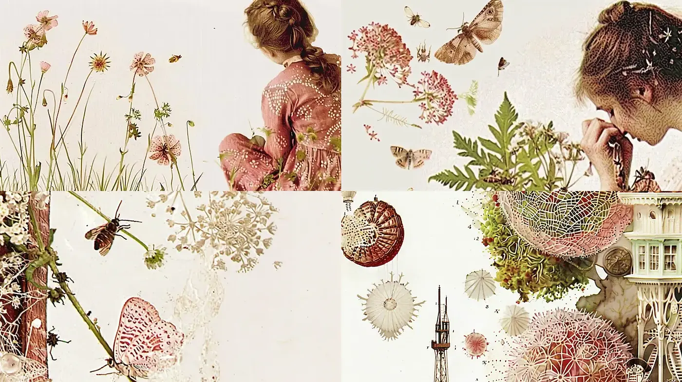 Whimsical Floral Dreamscape with a Vintage Aesthetic - Midjourney sref style