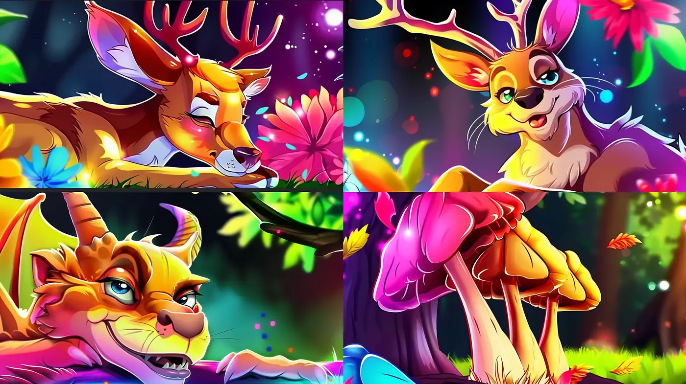 Vibrant Enchanted Wilderness: A Vivacious Fusion of Luminous Hues and Whimsical Fauna - Midjourney sref style