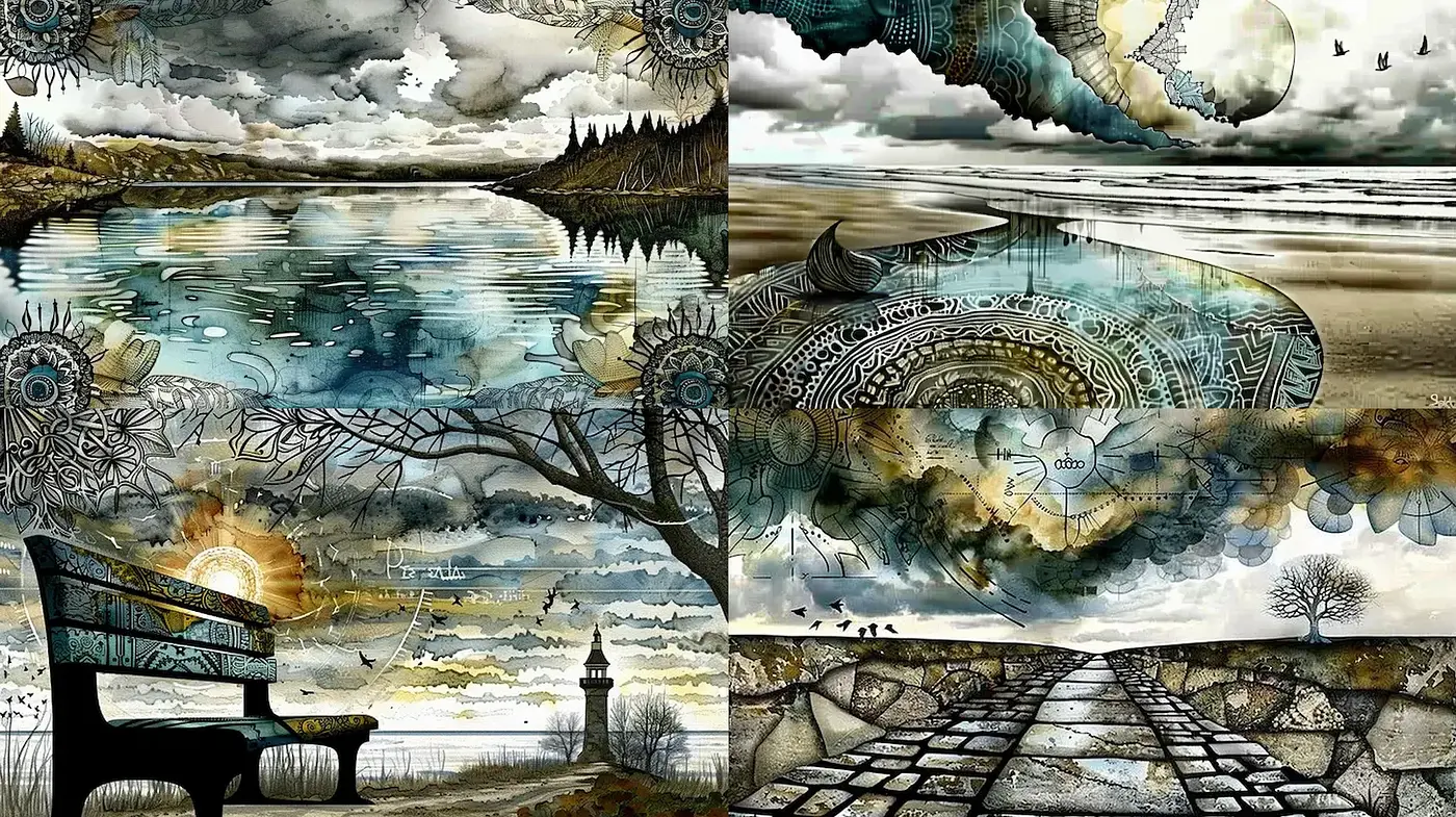 Mystical landscapes with ethereal water reflections and intricate details - Midjourney sref style