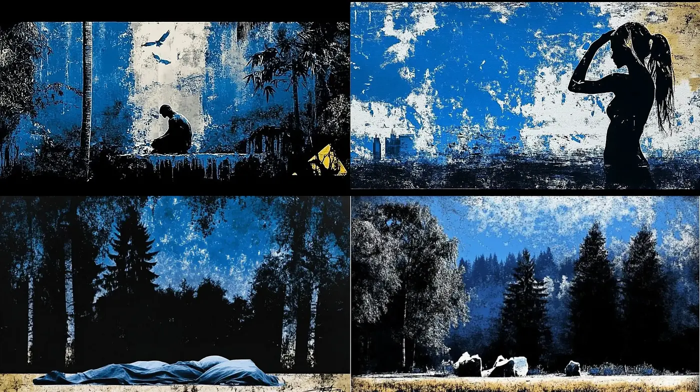 Sombre Blue Grunge Echoes - Midjourney sref style
