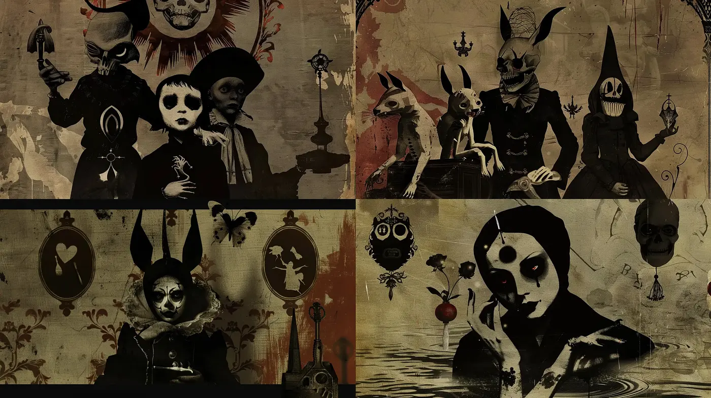 Eerie Gothic Carnival with a Dark Surreal Twist - Midjourney sref style