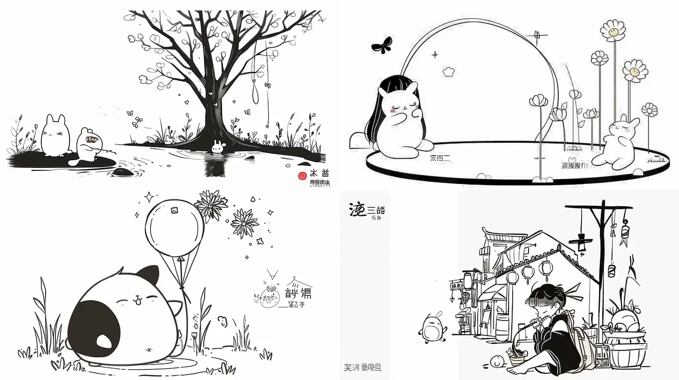 Charming and Whimsical Black and White Illustrations with a Playful Essence - Midjourney sref style