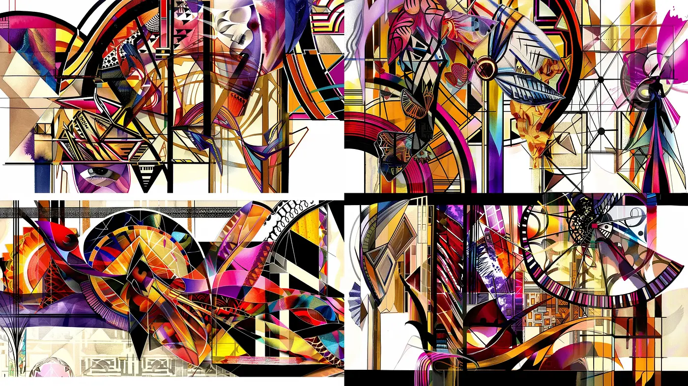 Geometric Fusion of Abstract Cubism and Vibrant Stained Glass - Midjourney sref style