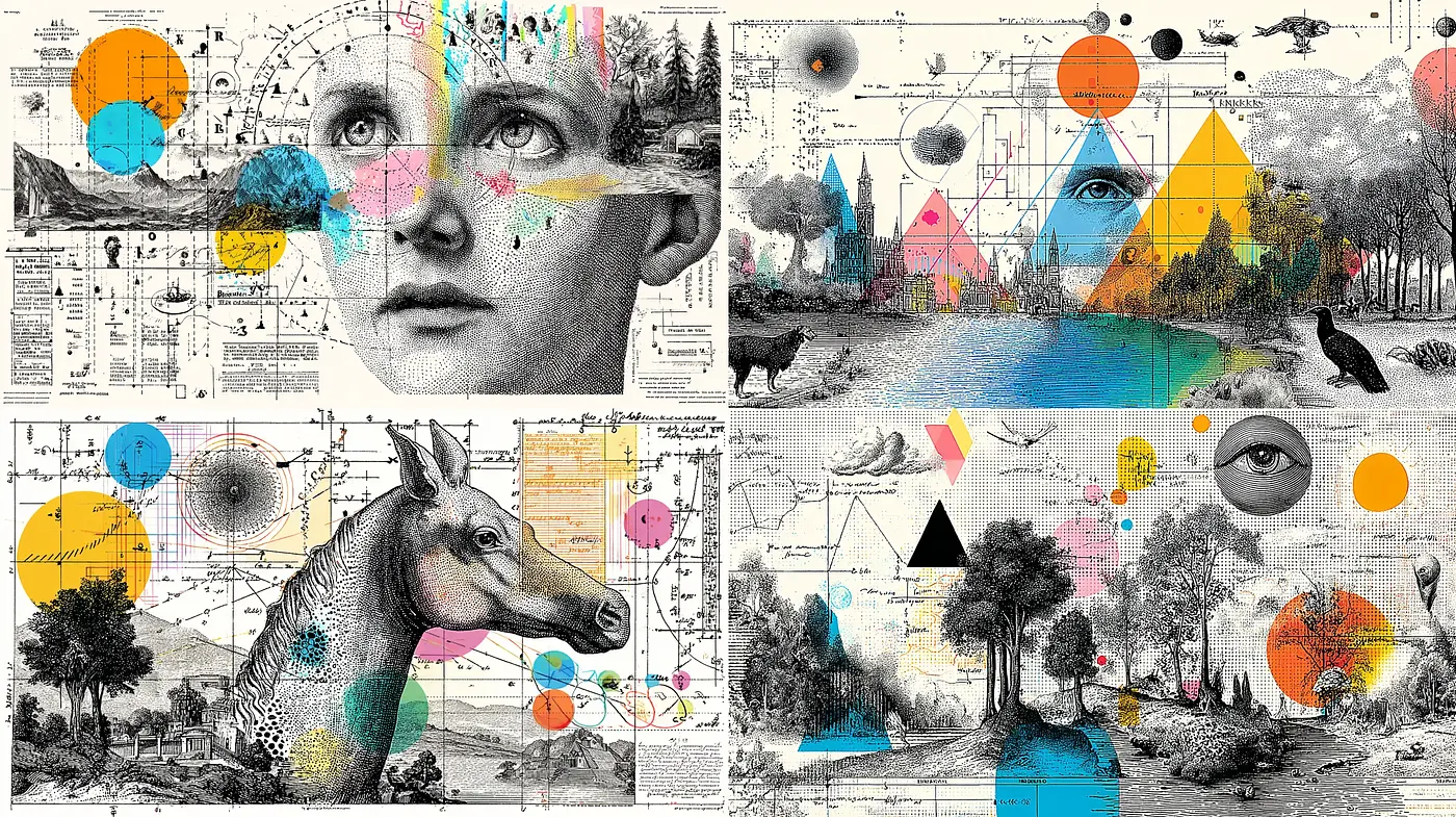 Dynamic Fusion of Surrealism and Vintage Aesthetics with Geometric Elements - Midjourney sref style
