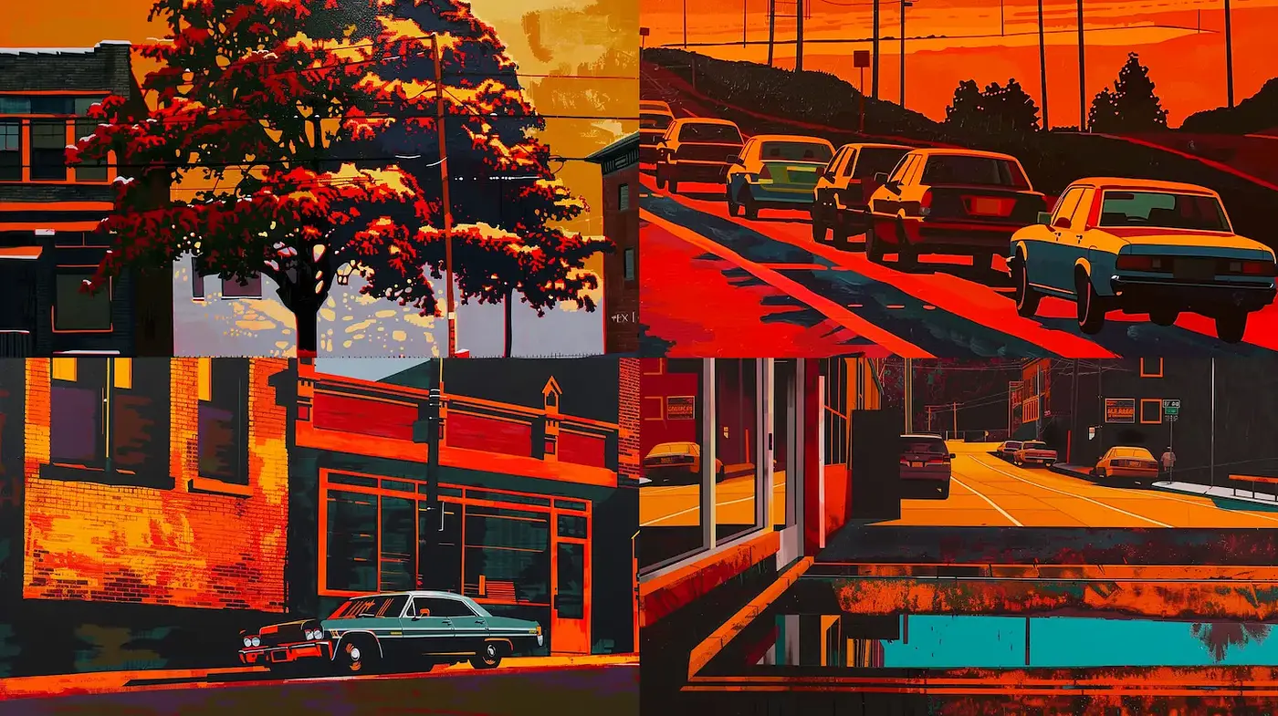 Vibrant urban landscapes with a nostalgic sunset palette and artistic influences - Midjourney sref style