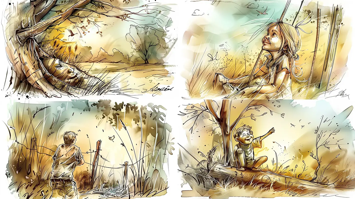 Whimsical Watercolor Reverie with Earthy Tones and Dynamic Sketch Lines - Midjourney sref style
