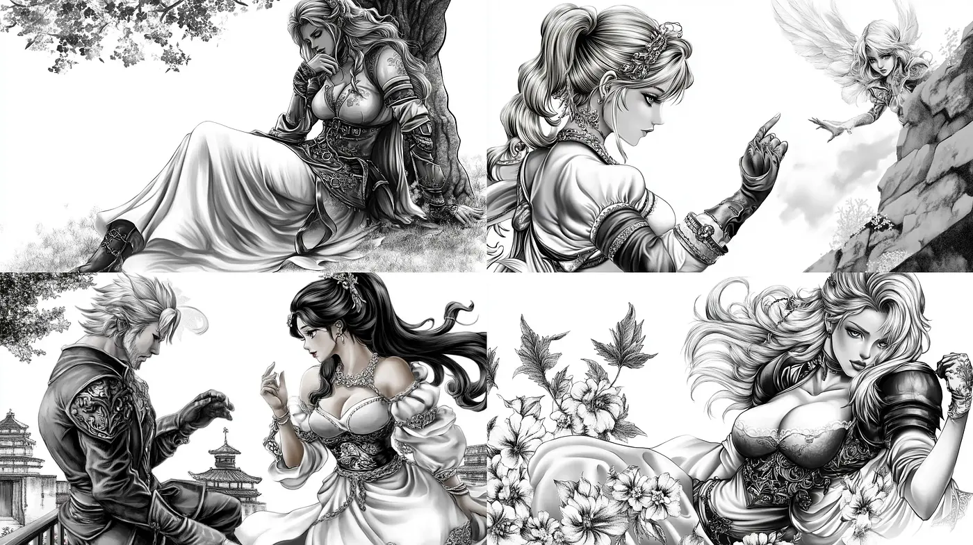 Monochromatic Enchantment: An Homage to Classic Manga Illustrations - Midjourney sref style