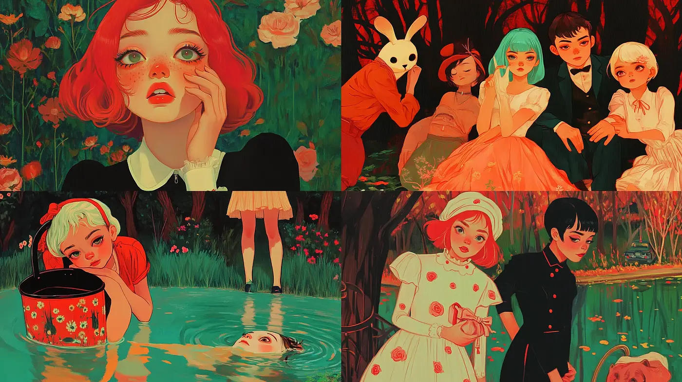 Whimsical Blossom: A Consistent Tapestry of Enigmatic Storybook Illustrations - Midjourney sref style