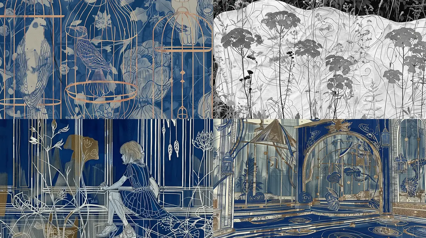 Ethereal Art Nouveau Dreamscapes in Monochromatic Blue - Midjourney sref style