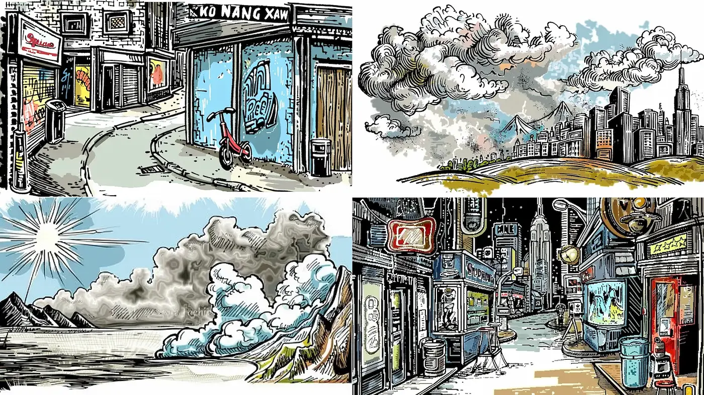 Vibrant Urban Landscapes with Illustrative Charm - Midjourney sref style
