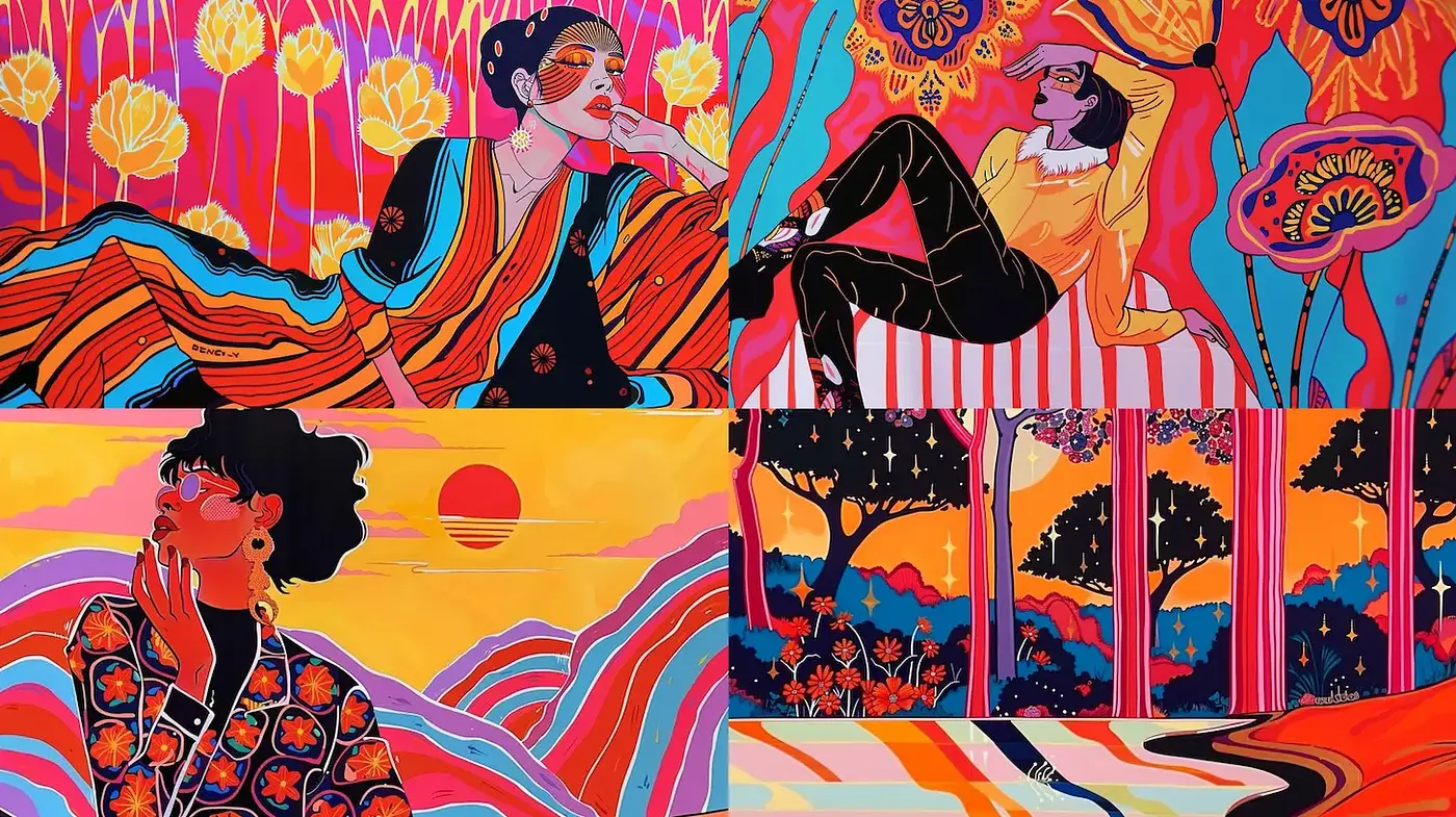 Vibrant and Expressive Illustrations with Bold Features and Geometric Patterns - Midjourney sref style