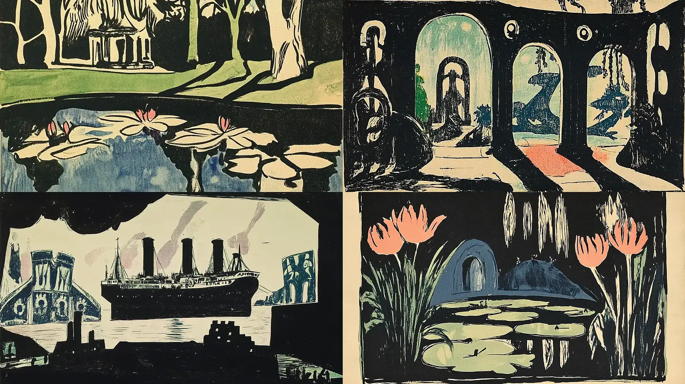 Stylized Nostalgic Vignettes with Bold Contours and Contrasting Hues - Midjourney sref style