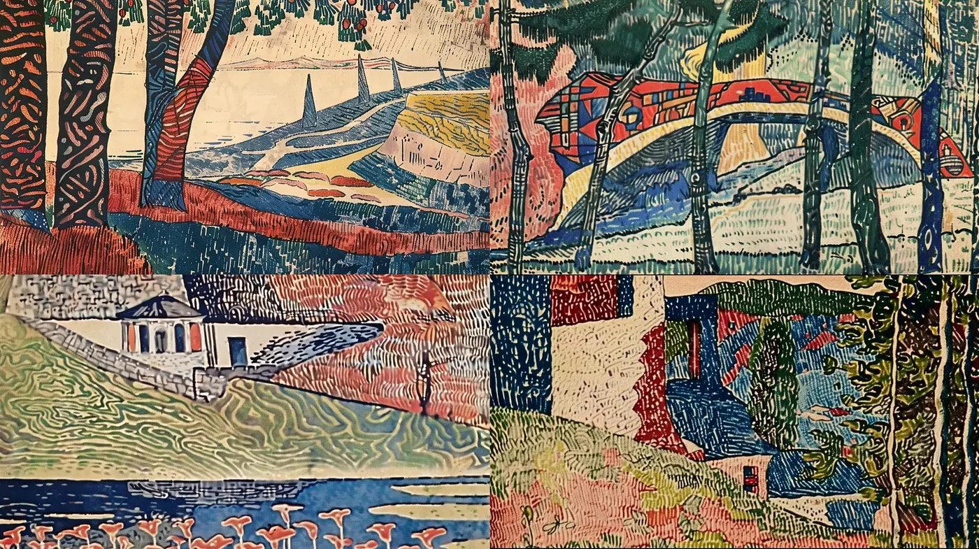 Vintage Post-Impressionist Reverie with a Mosaic of Warm and Cool Tones - Midjourney sref style