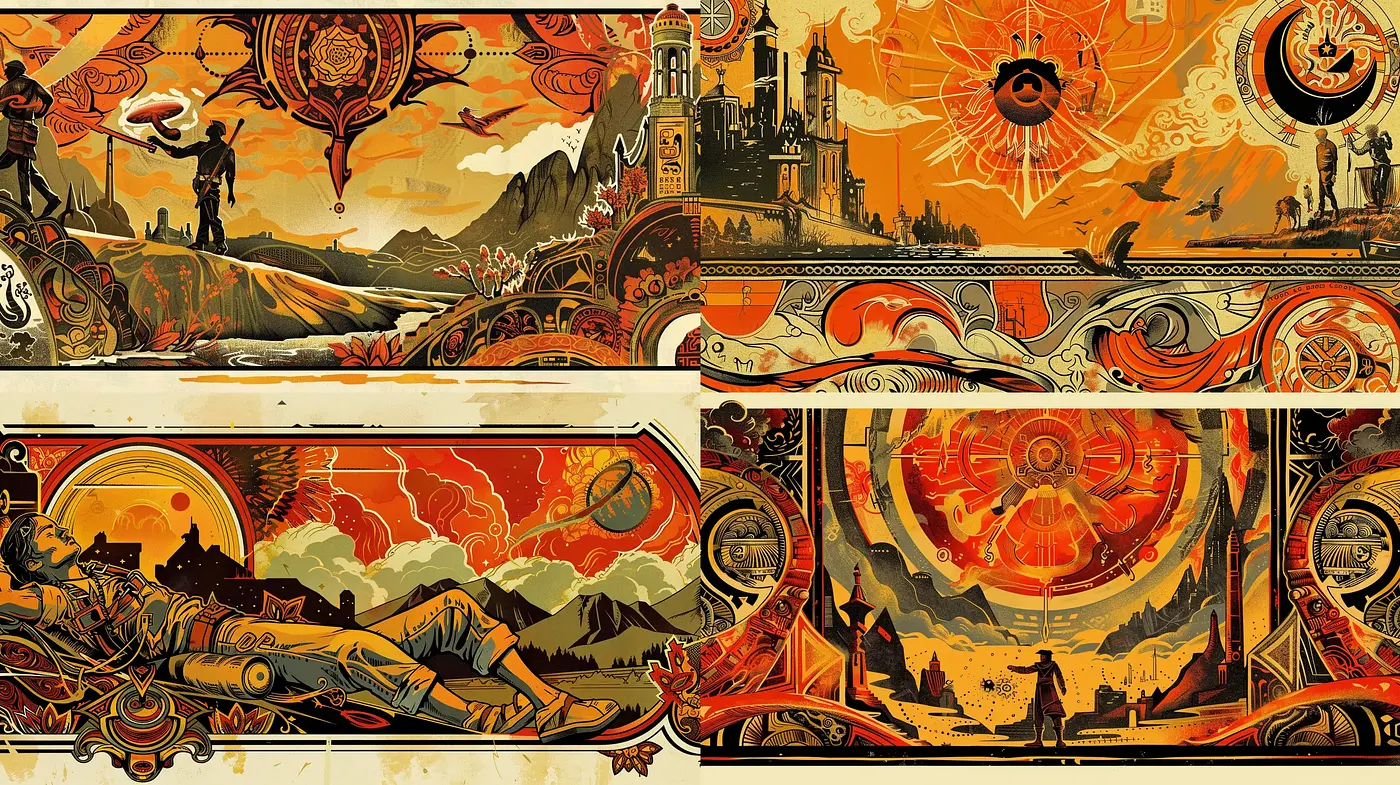 Ornate Art Nouveau Ensemble with a Warm Retro-Futuristic Palette - Midjourney sref style