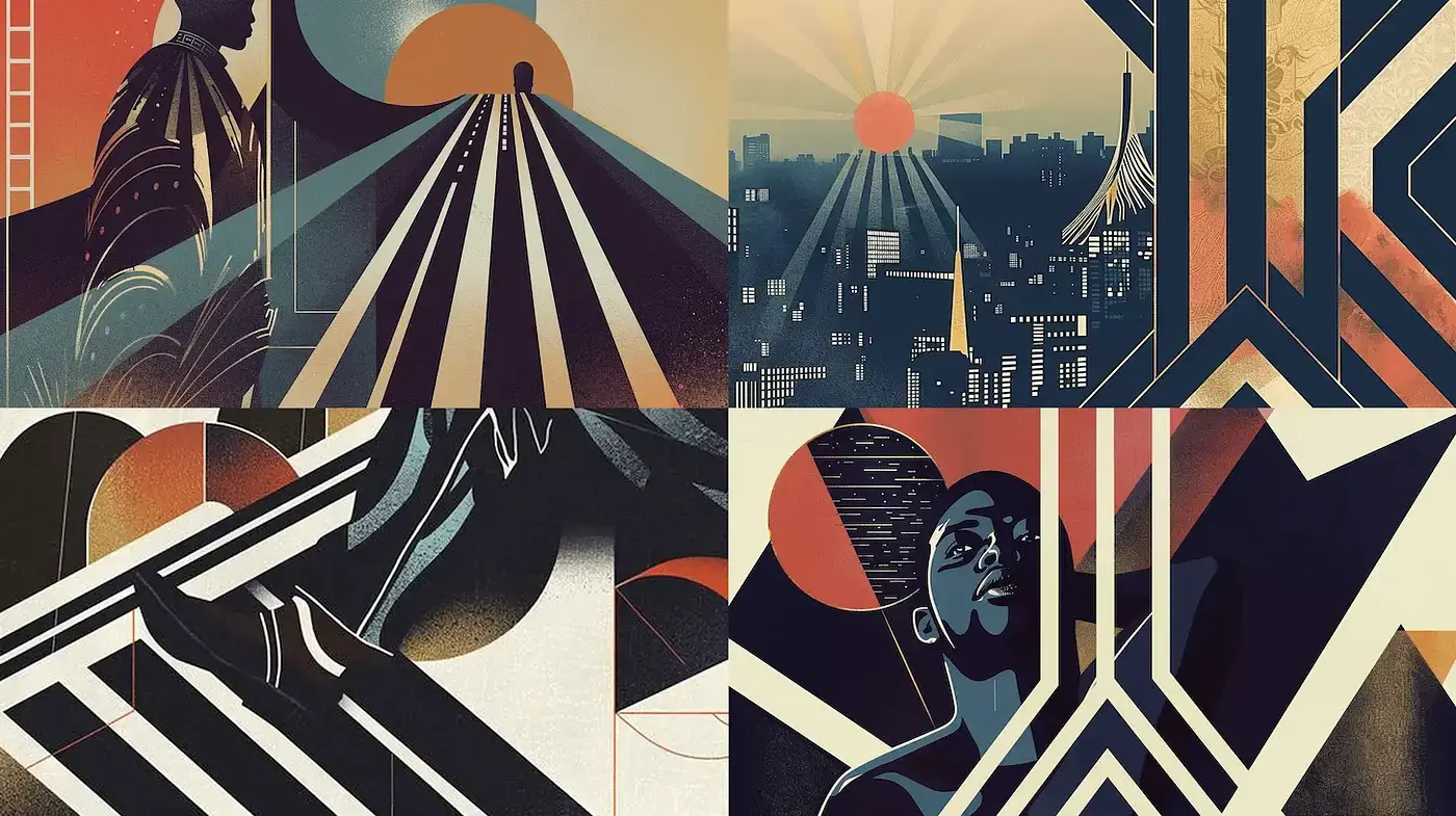 Stylized Retro-Aesthetic with Bold Geometric Patterns and Warm Horizons - Midjourney sref style
