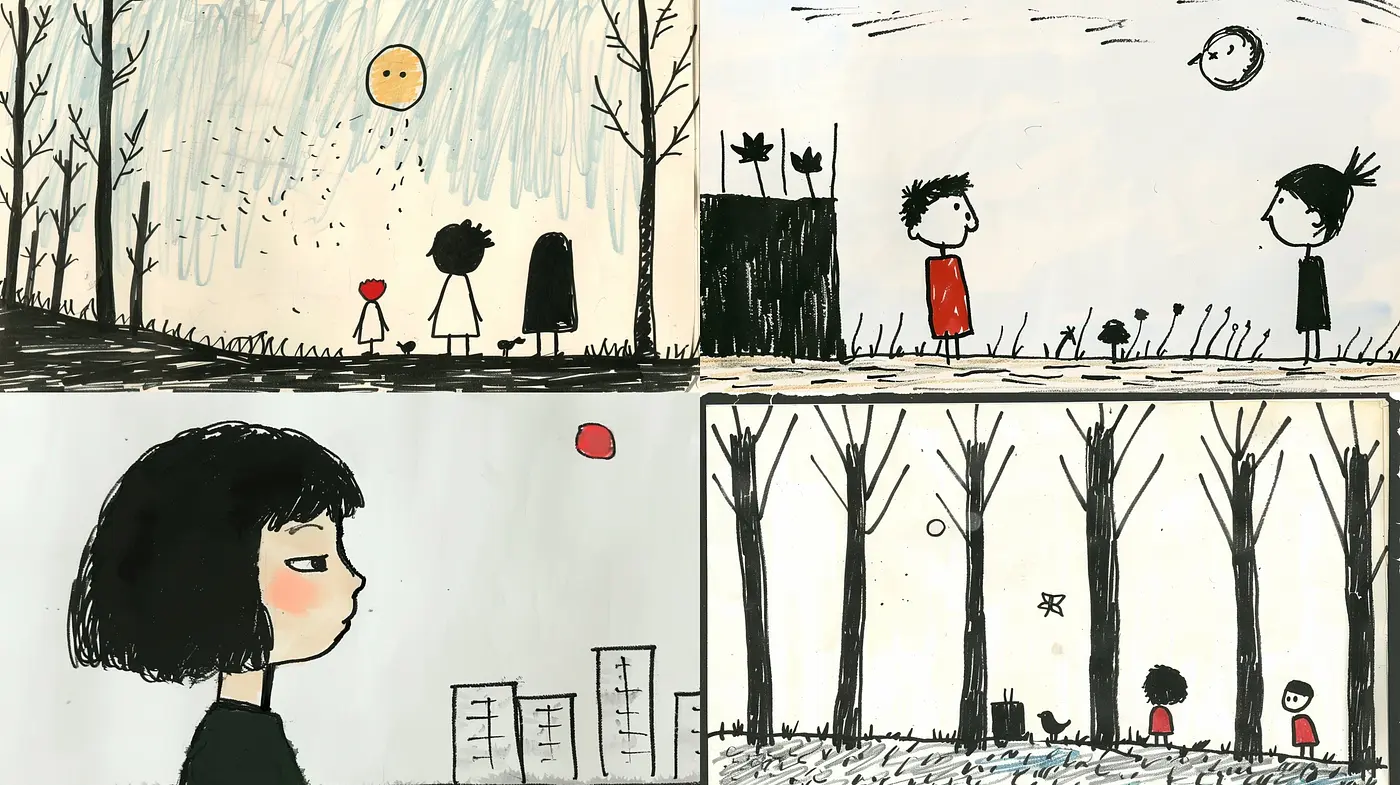 Whimsical Ink and Wash - Childlike Illustrations with a Monochrome and Red Accent Palette - Midjourney sref style